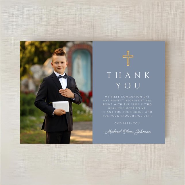 Dusty Blue Boy First Communion Kor Photo Tack Kort (Dusty Blue Boy First Communion Cross Photo Thank You Card)