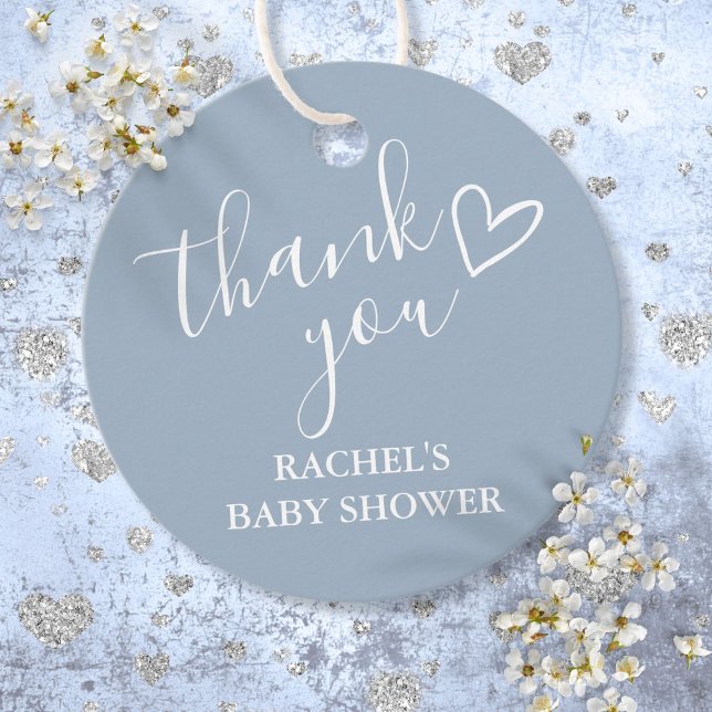Dusty Blue Boy Shower Script Heart Tack Gåvor Etiketter (Dusty Blue Boy Baby Shower Script Heart Thank You Favor Tags)