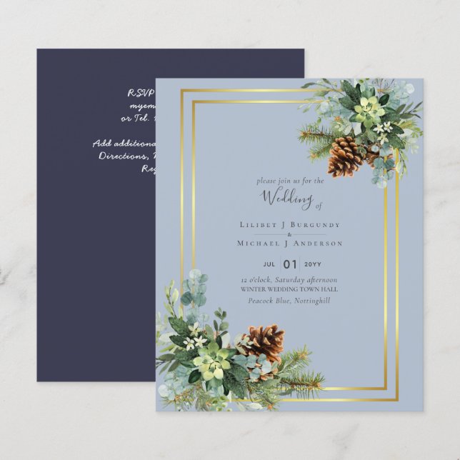 Dusty Blue Bröllop Eucalyptus Greenery Budget (Fram/baksida)