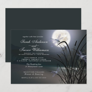 Dusty Blue Bröllop Full Moon Dragonfly Pond Inbjudningar