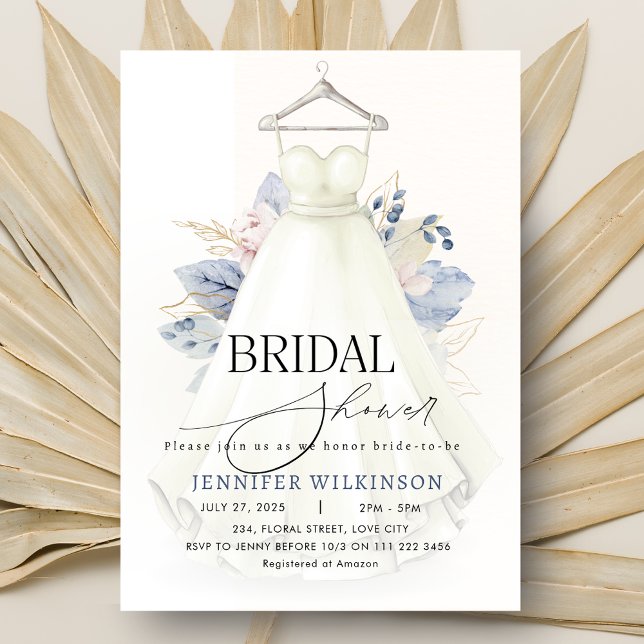 Dusty Blue Bröllop Gown Dress Möhippa Inbjudningar (Dusty Blue Wedding Gown Dress Bridal Shower Invitation)