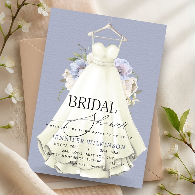 Dusty Blue Bröllop Gown Dress Möhippa Inbjudningar (Dusty Blue Wedding Gown Dress Bridal Shower Invitation)