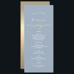 Dusty Blue Bröllop Menu med Guest Namn Meny<br><div class="desc">Lägg till mjuk elegans till din bord-inställning med den här minimalistiska dammiga blå bröllop-menyn med en personlig gäst namn och romantiska guld-redens hjärtmotiv. Den rena layouten, den delikata serif- och script-typsnitt och den blåa bakgrunden ger en tidlös estetik, medan guld-hjärtat tillför en subtil symbolisk beröring av kärlek och enhet. Perfekt...</div>