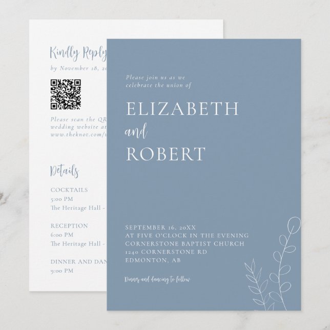 Dusty Blue Bröllop Minimalistisk Modern QR-kod Inbjudningar (Fram/baksida)