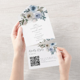 Dusty Blue Bröllop QR Code Blommigt Vår