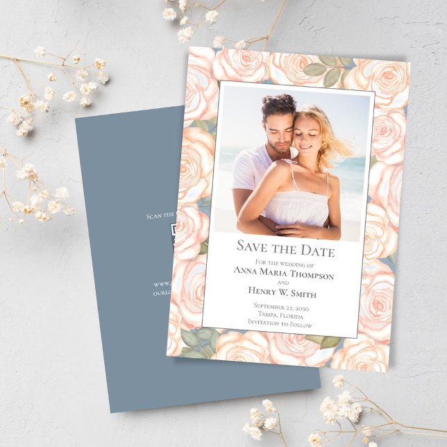 Dusty Blue Bröllop spara datum Blommigt Photo Spara Datumet (Elegant blush pink floral design save the date photo card)