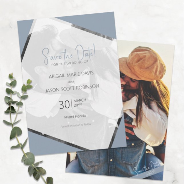 Dusty Blue Bröllop spara datum med Färg Photo Inbjudningar (Modern Dusty Blue Minimalist Wedding Save the Date with Full-Color Photo)