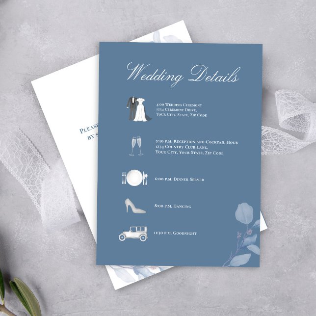 Dusty Blue Bröllopsdetaljer QR-kod Enclosure Tilläggskort (Dusty blue wedding details card with elegant script and timeline icons for a refined look.)