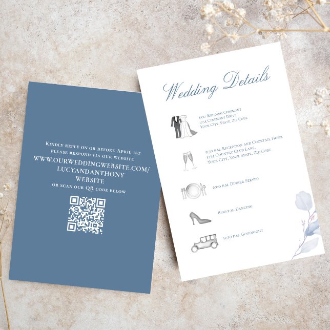 Dusty Blue Bröllopsdetaljer QR-kod Infoga Tilläggskort (Dusty blue QR code wedding RSVP card for easy online guest responses)