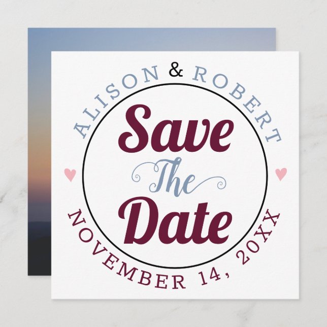 Dusty blue, burgundtypografi på baksidan spara datumet (Fram/baksida)