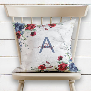 Dusty Blue Burgundy Blommigt Marble Namn Monogram Kudde