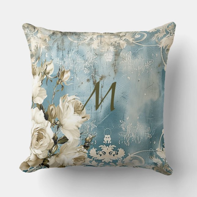 Dusty Blue Burgundy Blommigt Marble Namn Monogram Kudde (Framsida)