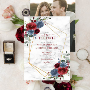 Dusty Blue Burgundy Blommigt Photo Save Date Spara Datumet