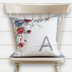 Dusty Blue Burgundy Blommigt Script Monogram Initi Kudde