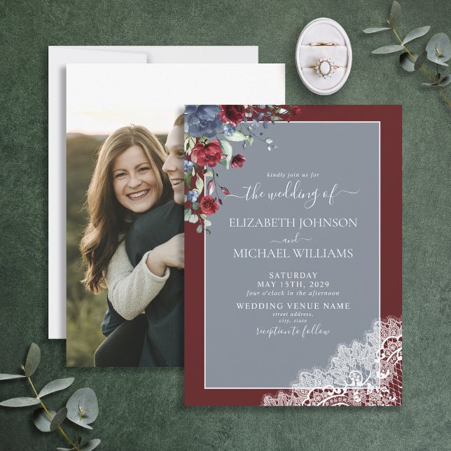 Dusty Blue Burgundy Blommigt Snöre Wood Photo Bröl Inbjudningar (Skapare uppladdad)