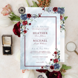Dusty Blue Burgundy Blommigt Watercolor Script Inv Inbjudningar