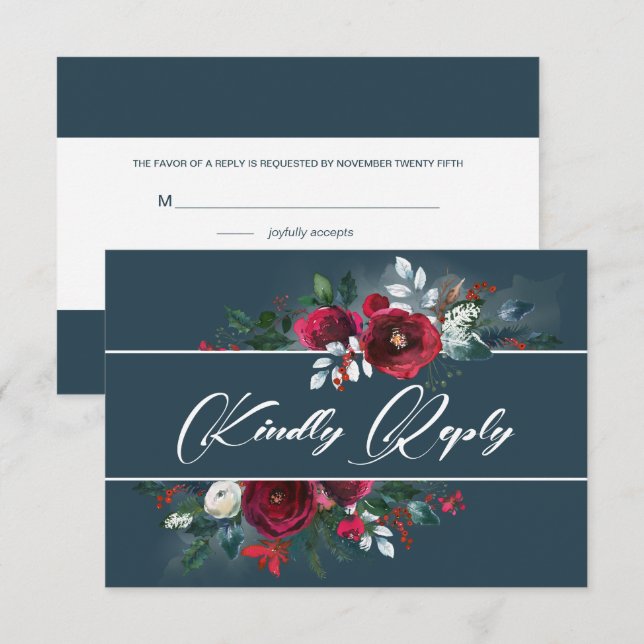 Dusty Blue | Burgundy Bloom Bröllop OSA Card Inbjudningar (Fram/baksida)