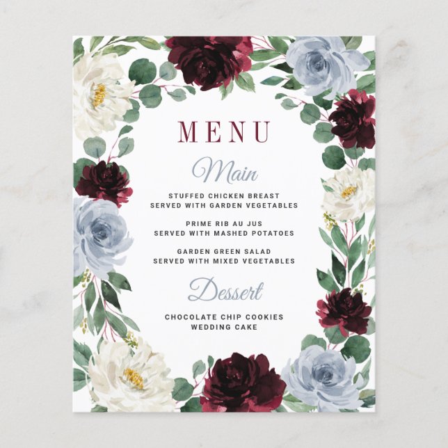 Dusty Blue Burgundy Boho Fall Wedding Menu-kort (Framsida)