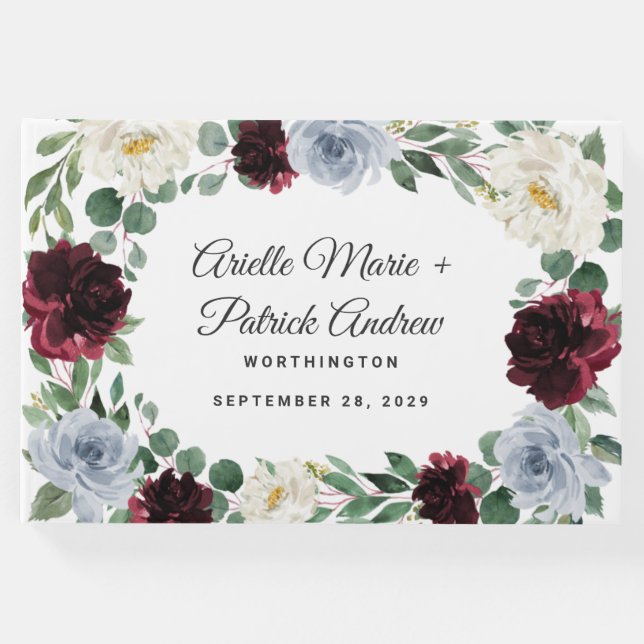 Dusty Blue Burgundy Cranberry Ivory Fall Wedding Gästböcker (Framsida)