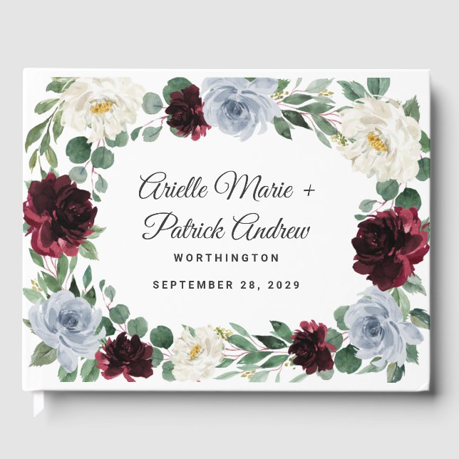 Dusty Blue Burgundy Cranberry Ivory Fall Wedding Gästböcker (Framsida)