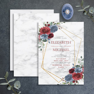 Dusty Blue Burgundy Geometric Blommigt Marble Vår Inbjudningar