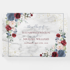 Dusty Blue Burgundy  Guld Blommigt Bröllop Gästböcker