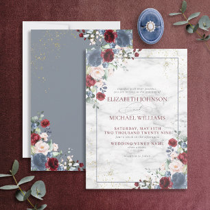 Dusty Blue Burgundy Guld Blommigt Bröllop Inbjudningar