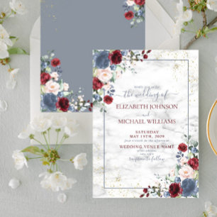 Dusty Blue Burgundy Guld Blommigt Bröllop Inbjudningar