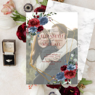 Dusty Blue Burgundy Guld Vellum Overlay Photo Inbjudningar