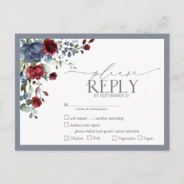 Dusty Blue Burgundy Red Blommigt Watercolor OSA Inbjudan Vykort