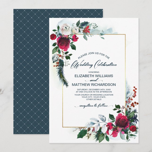 Dusty Blue | Burgundy Red Bloom Winter Wedand Inbjudningar (Fram/baksida)