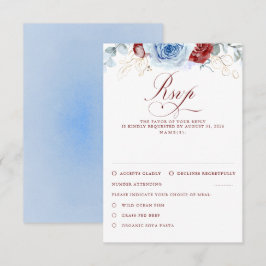 Dusty Blue Burgundy Red Flowers Wedding RSVP OSA Kort