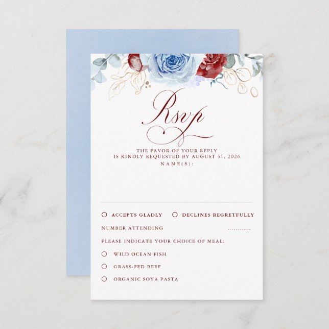 Dusty Blue Burgundy Red Flowers Wedding RSVP OSA Kort (Fram/baksida)
