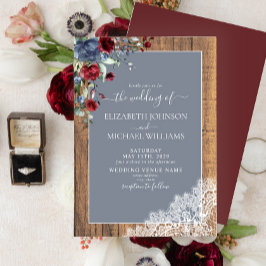 Dusty Blue Burgundy Wood Snöre Script Bröllop Inbjudningar