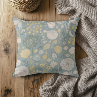 Dusty Blue Butter Yellow Beige Modern Floral Print Kudde