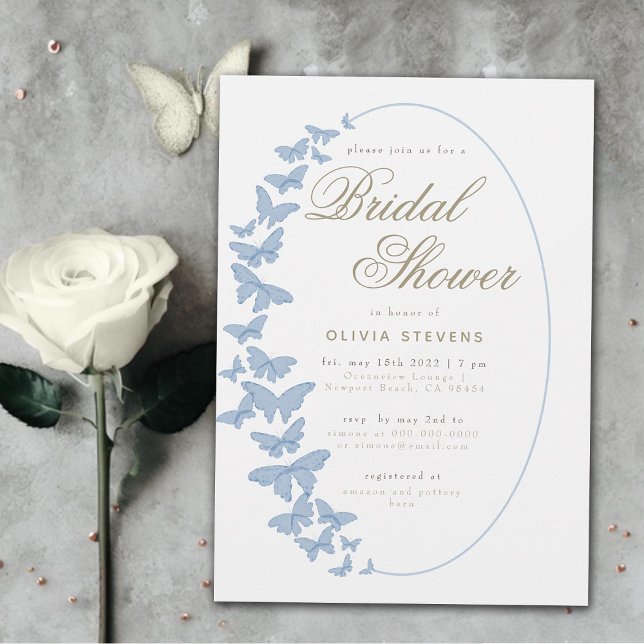 Dusty Blue Butterflies Boho Elegant Möhippa Inbjudningar (dusty blue butterflies boho frame elegant bridal shower invitation modern romantic chic stylish chic)