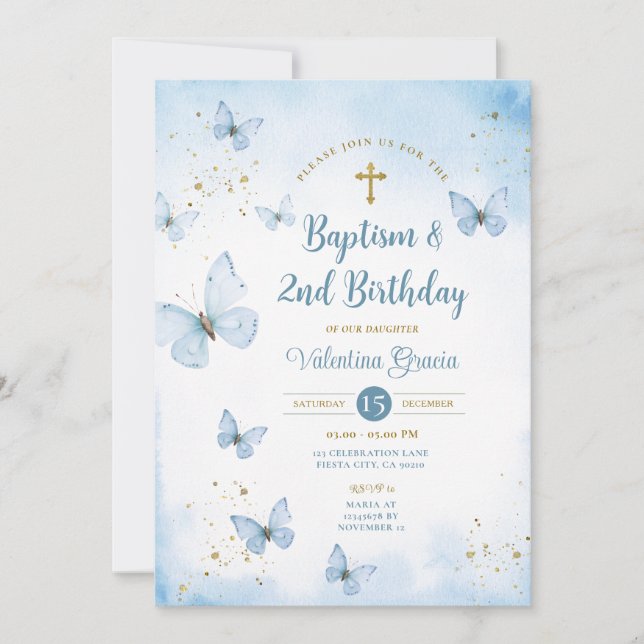 Dusty Blue Butterfly Girl 3rd Birthday Baptism Inbjudningar (Framsida)