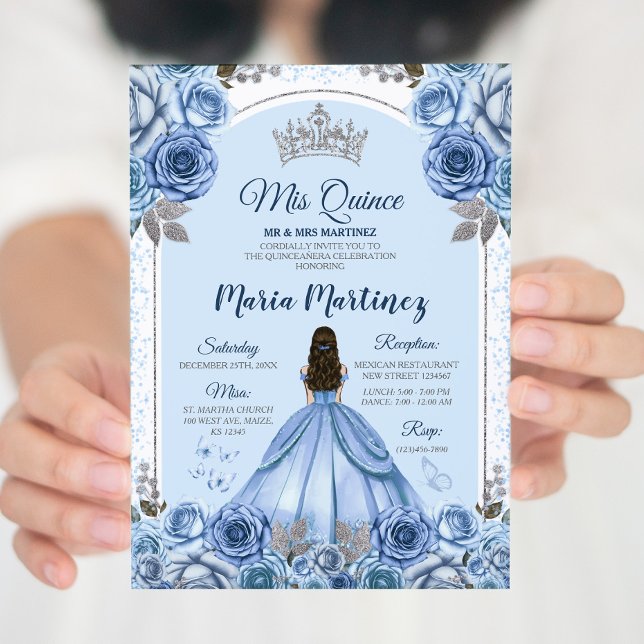 Dusty Blue Butterfly Princess Silver Quinceañera Inbjudningar (Skapare uppladdad)