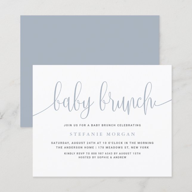 Dusty Blue Calligraphy Baby Brunch-inbjudan (Fram/baksida)