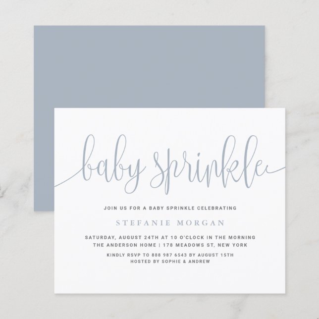 Dusty Blue Calligraphy Baby Sprinkle-inbjudan (Fram/baksida)