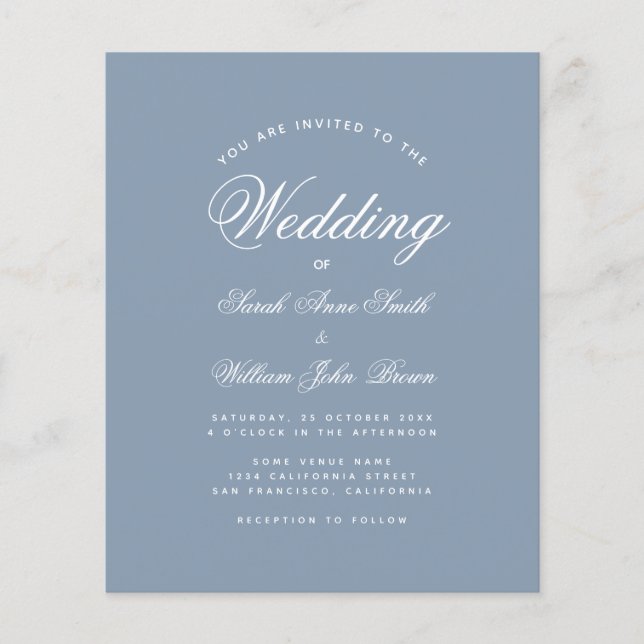 Dusty Blue Calligraphy Budget Wedding bjudande (Framsida)