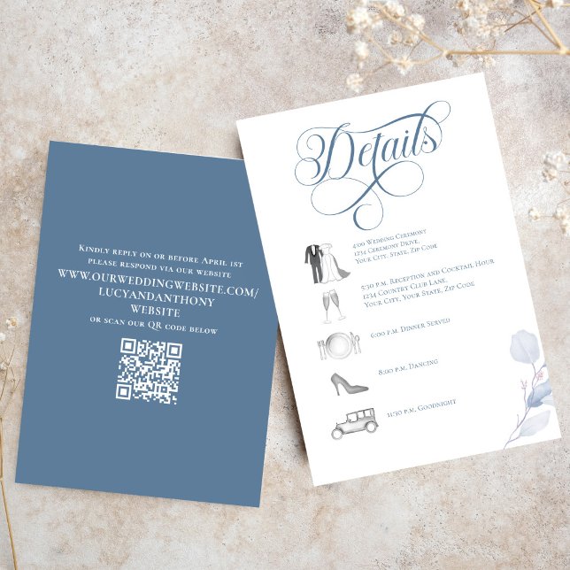 Dusty Blue Calligraphy QR Code Wedding Details Tilläggskort (Dusty blue calligraphy wedding details card with timeline icons and elegant layout)