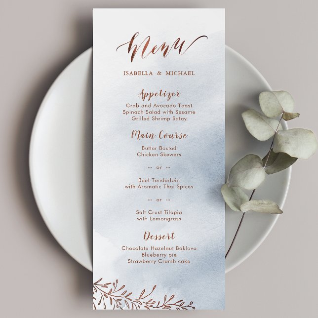 Dusty blue calligraphy rustik blommigt bröllop-men meny (Dusty blue calligraphy rustic floral wedding menu)