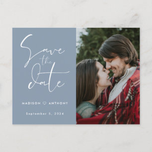 Dusty Blue Calligraphy Save the Date Bröllop Photo Inbjudan Vykort