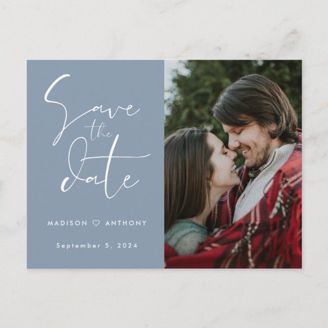 Dusty Blue Calligraphy Save the Date Bröllop Photo Inbjudan Vykort (Framsida)