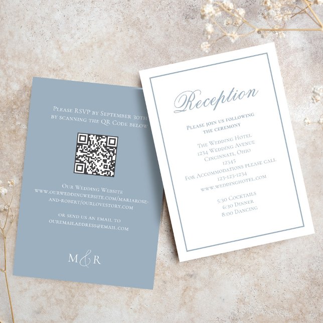 Dusty Blue Calligraphy Script Reception OSA Tilläggskort (Dusty blue wedding reception card with a scannable QR Code. )