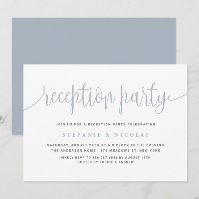 Dusty Blue Calligraphy Wedding Reception Party Inbjudningar (Fram/baksida)