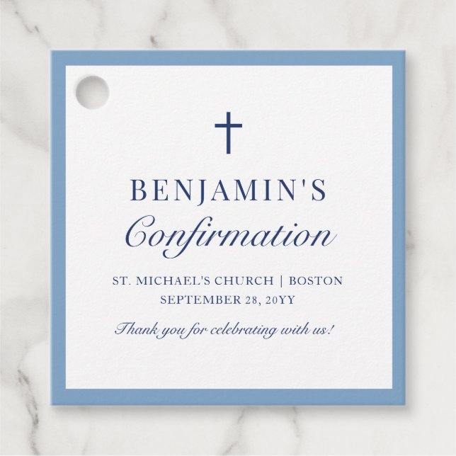 Dusty Blue Catholique Confirmation Tack Gåvor Etiketter (Framsida)