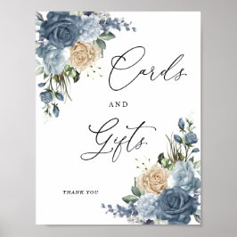 Dusty Blue & Champagne Blommiga Kort och Presentko Poster