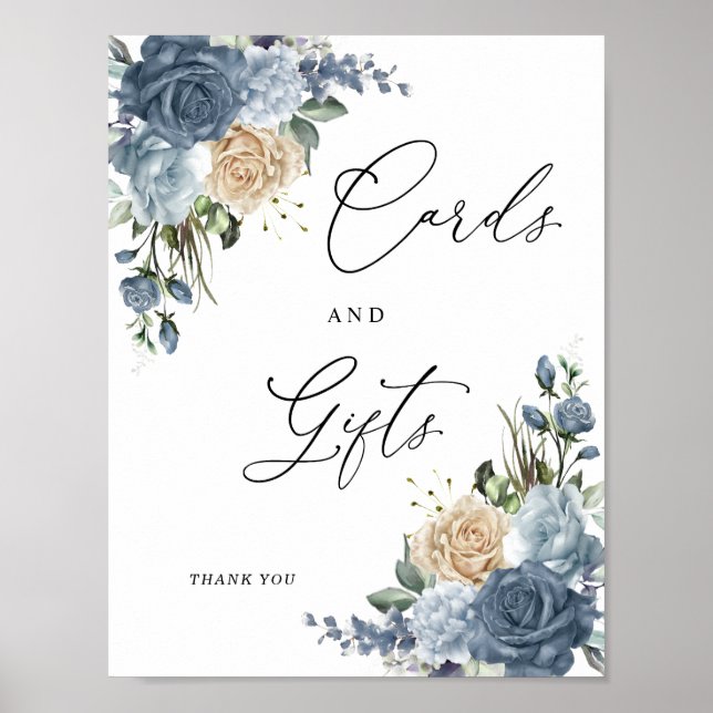 Dusty Blue & Champagne Floral Cards and Gifts Sign Poster (Framsidan)